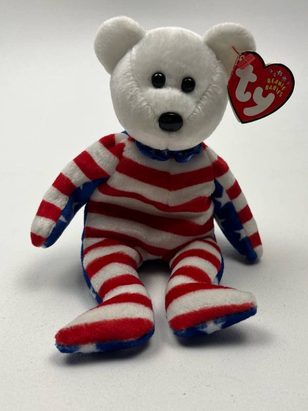 lot 216 image: Ty Beanie Baby Liberty Bear Red White Blue Striped 2001