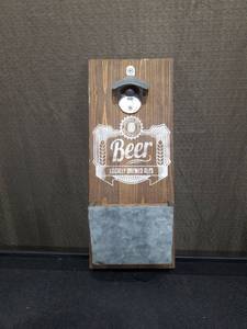 lot 3920 image: Wood Beer Wall Mount Bottle Opener with Cap Catch