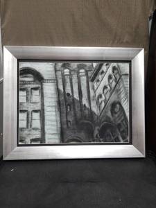lot 3947 image: Framed Charcoal Drawing of Urban Buildings