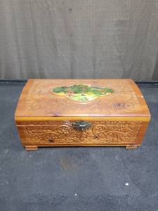 lot 4988 image: Carved Wood Jewelry Box with Mirror and Landscape Design