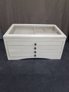 lot 4996 image: White Wood Jewelry Box with Glass Top and Multiple Drawers