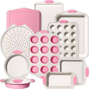 lot 3780 image: Kikcoin 22 PCS Nonstick Baking Pans Set, Stackable Bakeware Sets with Silicone Handles, 450°F Oven Safe Baking Sheet Set, Easy Release Cookie Sheets for Baking, Pink
