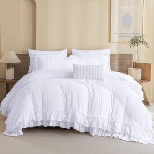 lot 3783 image: QSH White Ruffled Comforter Twin Size,3PCs Farmhouse Shabby Boho Chic White Bedding Comforter Twin Vintage Lightweight Fluffy Microfiber Bedding Set