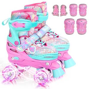 lot 3811 image: Roller Skates Kids Girls, Sportneer 4 Sizes Adjustable Roller Skates for Kids Age 5-12 with Protective Gear Set Light Up Roller Skate for Children Youth Beginners Indoor & Outdoor Use, Pink, XS