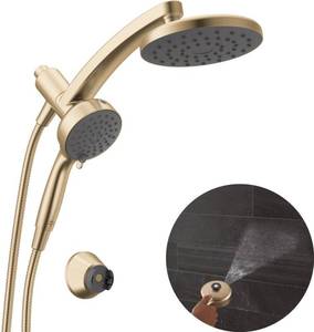 lot 3816 image: Delta 6-Setting PivotPro 3-in-1 Combination Shower Head with ProClean Spray, Brushed Gold Round Shower Head Rainfall with Handheld Spray, 1.75 GPM, Champagne Bronze 75648CZ