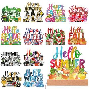 lot 3819 image: Chunful 13 Pcs Interchangeable Seasonal Diamond Art Tabletop Seasonal Holiday Diamond Art Painting Kit with Wooden Light Base for Table Tiered Tray Home Office Tabletop Centerpiece Decor