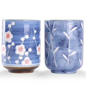 lot 3874 image: WHJY 10oz Transitional ChineseJapanese style Handle-less Ceramic Tea cups teacup, Cherry Bloom & Rush straw in Blue Sky Pattern Set of 2