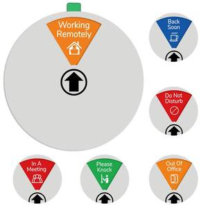 lot 3882 image: Abudada 6 Inch Office Sign, 6 Options with Icons, Do Not Disturb, Out of Office, In a Meeting, Please Knock, Working Remotely, Back Soon, Black Silver