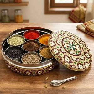 lot 3885 image: LOVENSPIRE Stainless Steel Meenakari Spice Box Organizer (7 Inch) with 7 Compartments Cups Set - Round Masala Dabba Container with Lid for Kitchen Herbs Storage, Housewarmings & Indian Return Gift