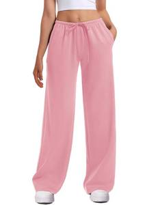 lot 3896 image: HeSaYep Womens Wide Leg Sweatpants Straight Leg Lowrise Sweat Pants Drawstring Elastic Low Waist Pants with Pockets, Pink M