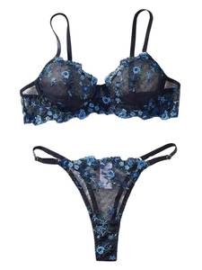 lot 3910 image: Aimedalis Floral Embroidered Sexy Lingerie For Women Cute Push Up Mesh Bra And Panty Sets�Black-blue L