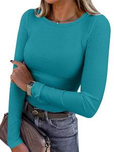 lot 3919 image: ANRABESS Women Long Sleeve Shirts Rib Knit Slim Fit Tops Basic Tee Spring Outfits Casual T-Shirt Underscrubs Layer Clothes Teal Large