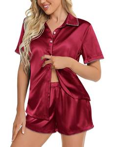 lot 3923 image: Ekouaer Silky Satin Womens Pajamas Top Short Sleeve Button Down Sleepwear Top Lounge  Pjs Summer Wine Red M