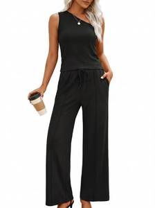 lot 3926 image: Casly Lamiit 2 Piece Outfits for Women Summer Casual Lounge Sets Sexy Off Shoulder Tops Wide Leg Pant Set Travel Vacation Clothing Black XS