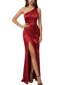 lot 3927 image: Rosegalette Womens Satin One-Shoulder Ruched High Slit Elegant Bodycon Maxi Evening Prom Gown Sexy Formal Dress,Red,XS