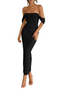 lot 3936 image: PRETTYGARDEN Womens 2025 Summer Off The Shoulder Dress Ruched Bodycon Sleeveless Split Cocktail Party Maxi Dresses (Black,Small)