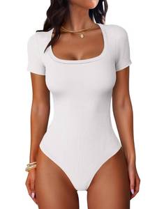 lot 3948 image: ANRABESS Bodysuits for Women Short Sleeve Scoop Neck Tops 2026 Summer Slim Fit Ribbed Knit Sexy Basic Shirt Fashion Outfits White Large