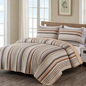 lot 3962 image: Chezmoi Collection Avery Striped Cotton Quilt Set King Size, 3-Piece Soft Pre-Washed 100% Cotton Quilt, Multi-Color Brown