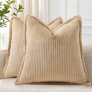 lot 3984 image: decorUhome Summer Corduroy Light Brown Euro Sham Throw Pillow Covers 24x24 Set of 2 Decorative Soft Boho Farmhouse Couch Pillow Covers for Living Room Bed Sofa Broadside Striped Pillow Cases