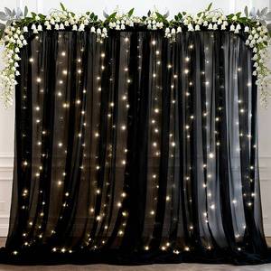 lot 5001 image: Ledido 10x10ft Black Tulle Backdrop Curtains with Lights String - 300LED Fairy Lights Sheer Curtain Backdrop for Wedding Baby Shower Photo Shoot Birthday Party Decoration(2 Panels 5x10ft)-Black