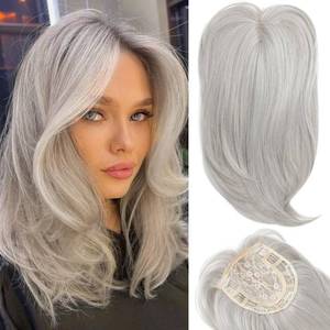 lot 5006 image: HOOJIH Hair Topper, Short Layered Topper with Bangs for Women with Thinning Hair 14 Inch Slightly Curled Ends Wiglets Synthetic Fiber Pieces for Women - Silver Gray With Little Brown Mixed