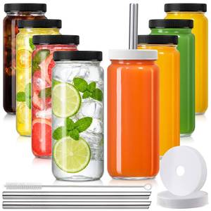 lot 5016 image: 8 Pack 16OZ Glass Juice Bottles with 8 Airtight Lids & 2 Straw Lids & 2 Straws - Travel Juicing Jars, Drinking Water Cups - Reusable Tall Mason Jar for Tea, Juice, Bubble Tea, Smoothie, Kombucha