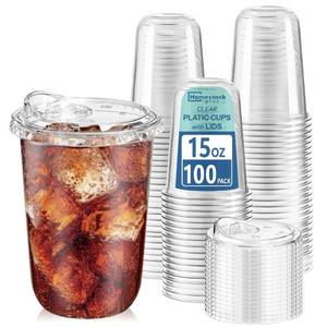 lot 5063 image: Homestockplus 15 oz Clear Plastic Cups with Lids (100 Pack) - Strawless Sip Lids, Leak-Proof & BPA-Free Iced Coffee Cups - Disposable Cold Drink Cups for Smoothies, Milkshake, Parties, Events
