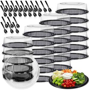 lot 5073 image: Tessco for you 24 Pack Heavy Duty Serving Tray with Clear Lid and Sporks Large Disposable Plastic Catering Tray Round Black Platter for Fruit Sandwich Party Takeout Food Picnic Supply (12 Inch)