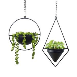 lot 5081 image: Metal Hanging Planters Set of 2 Modern Indoor Plant Hanger with Round and Diamond Pots, Geometric Small Wall and Ceiling Hanging Plant Holders for Succulents and Herbs, Black Finish