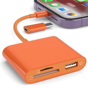 lot 5094 image: SD Card Reader for iPhone, Memory Card Reader with USB-C to Light-ning Adapter Plug and Play Trail Game Camera Micro SD Card Viewer Support SDTF Card and USB for iPad No App Required (Orange)