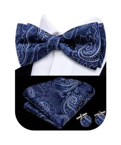 lot 5096 image: Hi-Tie Navy Blue Pre-Tied Bowties for Men Silk Paisley Clip On Mens Bowtie Pocket Square Cufflinks Set for Wedding Party