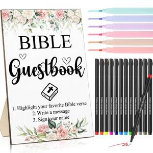 lot 5099 image: Geelin 19 Pcs Bible Wedding Guestbook Sign and Pens Set Greenery Wooden Standing Bible Guest Book Sign 6 Highlighters 12 Fine Point Pens for Baby Shower Bridal Shower Party (Flower)