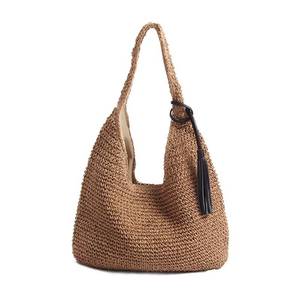 lot 5125 image: QTKJ Hand-woven Soft Large Straw Shoulder Bag with Black Tassels Boho Straw Handle Tote Retro Summer Beach Bag Rattan Handbag (Brown)