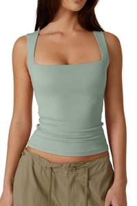 lot 5127 image: QINSEN Womens Tank Tops Sexy Sleeveless Crop Tops Square Neck Double Layer Fitness Basic Shirts Green L