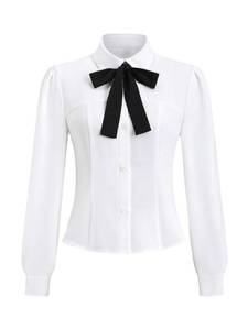 lot 5129 image: SweatyRocks Womens Puff Long Sleeve Button Down Fitted Crop Shirt Top Dressy Casual Bow Tie Elegant Blouse Off White Small