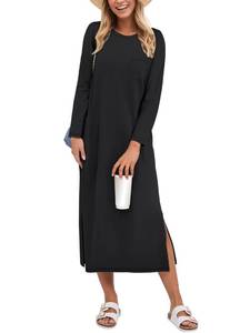lot 5132 image: ANRABESS Womens 34 Sleeve Striped Slit Midi T Shirt Dresses 2026 Summer Casual Beach Vacation Clothes Spring Travel Sundress Black XL
