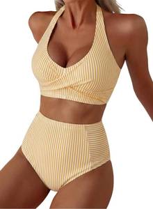 lot 5133 image: Herseas Women High Waisted Cute Bikini Sets Halter Patch Pocket Swimwear 2026 Summer Slimming Swimsuits Stretchy 2 Piece Bathing Suit Teen Girls Beach Vacation Clothes Yellow Stripe Medium
