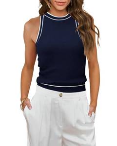 lot 5136 image: MIHOLL Womens Tank Tops Sleeveless Halter Neck Sweater Tops Tee Crop Rib Knit Camis Shirts(Navy Blue,Large)