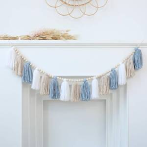 lot 5139 image: DCJHFJ Boho Blue Tassel Garland Wall Hanging with Wood Beads for Baby Shower Kids Room Bedroom Nursey Back to School Decorations