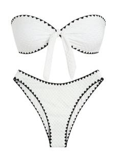 lot 5141 image: ZAFUL Knotted Bandeau Bikini for Women Strapless Swimsuits High Cut Bathing Suit Sexy 2 Piece Swimwears Textured White L