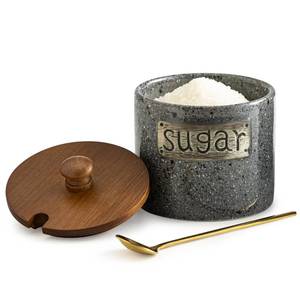 lot 5165 image: Sugar Container, Sugar Holder, Sugar Bowl with Lid and Spoon, Sugar Jar Porcelain Salt Bowl with Wood Lid and Stainless Steel Spoon, Ceramic Sugar Bowl 15oz Coffee Canister Kitchen Decor, Grey