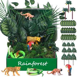 lot 5185 image: MiniInflat Rainforest Diorama Kit Rainforest Animals Figures Realistic Forest Animals Figures Including Model Tree, Red Parrot, Cobra Forest Diorama Supplies for Birthday Party Favor(Box Not Included)