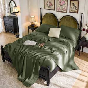 lot 5202 image: SONORO KATE 100% French Pure Linen Sheets, Breathable and Durable Line Twin Size Sheets, Anti-Tear Line Bed Sheets, Machine Washable, 16 Inch Deep Pocket - 3 Piece (Olive Green, Twin)