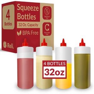 lot 4834 image: Reli. Plastic Squeeze Bottles, 32 oz.  4 Pack  Condiment Squeeze Bottles for Sauces  Clear wRed Twist Cap  32 Ounce Hot Sauce, Ketchup  Condiments, Olive Oil, Liquids