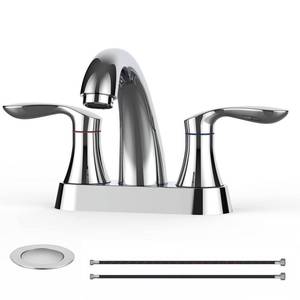 lot 4839 image: Bathroom Faucet, 4 Inch Bathroom Faucets for Sink 3 Hole, Centerset Bathroom Sink Faucet with Pop Up Drain and cUPC Lead-Free Hose(Chrome)