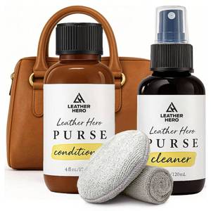 lot 4863 image: Leather Purse Cleaner &amp Conditioner Kit 4pc Set with 4oz Cleaner, 4oz Conditioner, Microfiber Cloth &amp Applicator Sponge Leather Bag &amp Handbag Care for Luxury Purses &amp Designer Bags