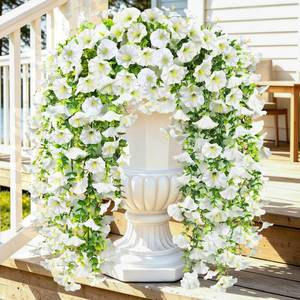 lot 4907 image: MyCoats Artificial Hanging Flowers for Outdoors, 4Pcs UV Resistant Faux Morning Glory Flowers Spring Summer Decroation, No Fade Fake Flower Trailing Vines for Porch Patio Balcony Yard Garden (White)