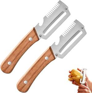 lot 4922 image: 2 Pack Multi-Functional Vegetable Peeler, 3 in 1 Multi Functional Wooden Handle Peeler and Bottle Opener, Kitchen Gadgets Tool for Fruit Pumpkin Peeling Potato Carrot Veggie Peeler