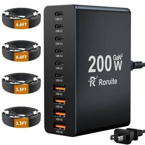 lot 4925 image: USB C Charging Station 10 Port with 4 Cables,200W GaN Type C Charger Block,Wall Charger Power Strip Adapter Plug for iPad iPhone17 16 15 14 13 12 Pro Max Pixel Note Galaxy