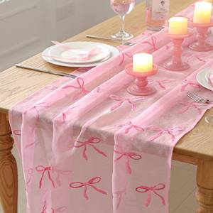 lot 4949 image: Tudomro Embroidery Pink Bow Tulle Table Runner 9.2 ft Coquette Pink Cheesecloth Table Runner 110 Inch Gauze Boho Dining Decor for Wedding Birthday Baby Shower Christmas Valentines Home Decor